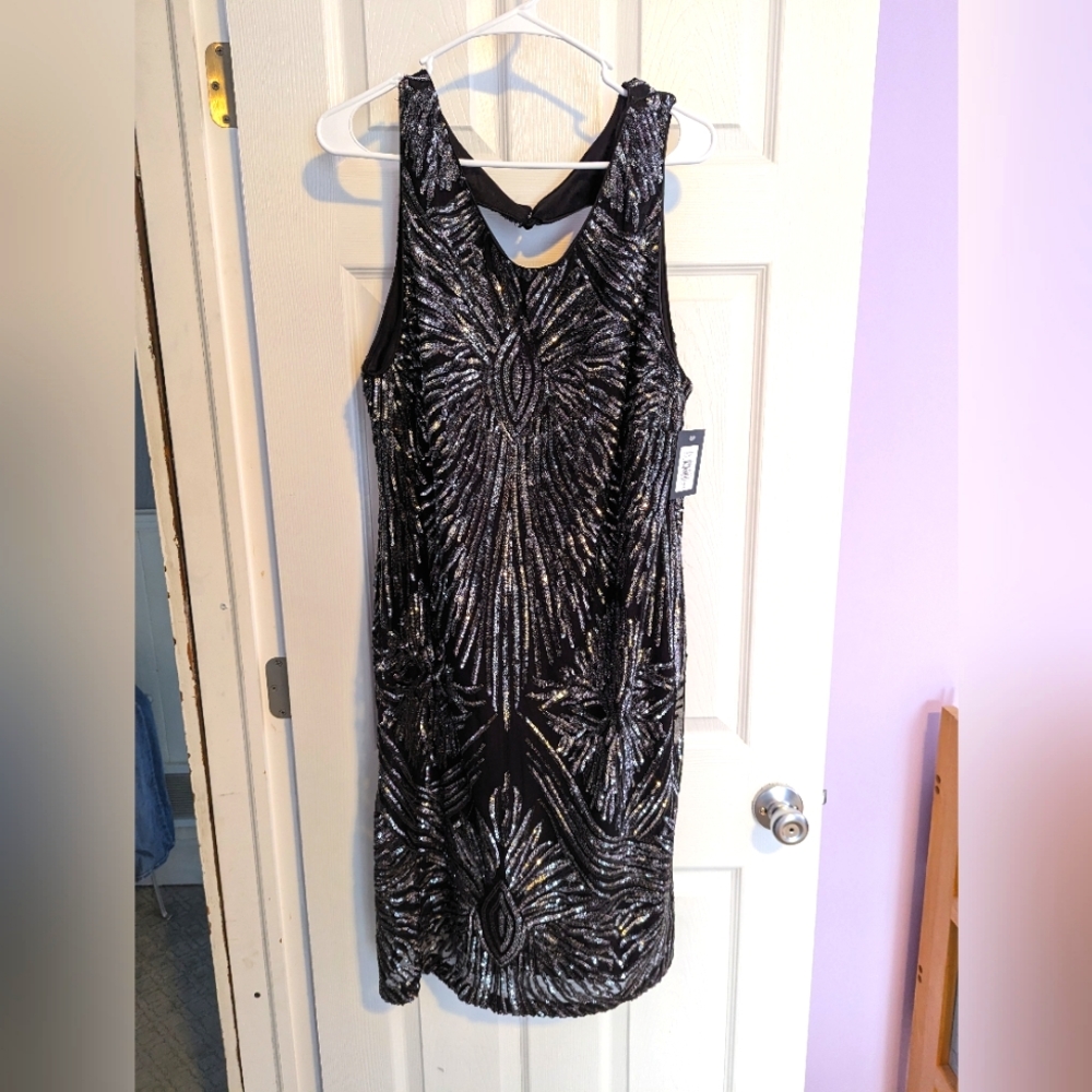 NWT Marina Black and Silver Cocktail Wedding Guest New Year's Dress, 18W